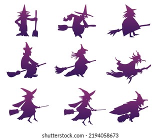 Set of silhouettes of Halloween witches with brooms