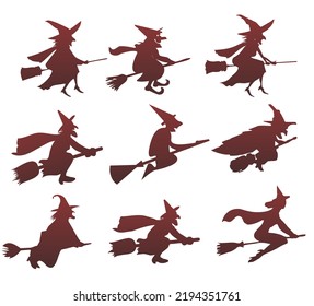 Set Of Silhouettes Of Halloween Witches Flying On A Broomstick