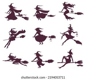 Set of silhouettes of Halloween witches on broomsticks