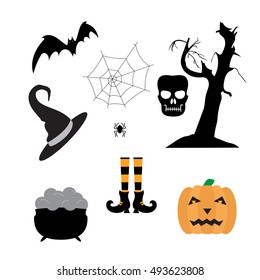 Set of silhouettes: hand drawn tree, pumpkin, bat, skull, spider, cobweb, witches pot, hat, stockings with shoes. Color Halloween vector illustration isolated on white background. 