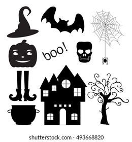 Set of silhouettes: hand drawn tree, skull, spider, cobweb, pumpkin, bat, witches pot, hat, stockings with shoes, castle. Halloween Vector illustration isolated on white background. 