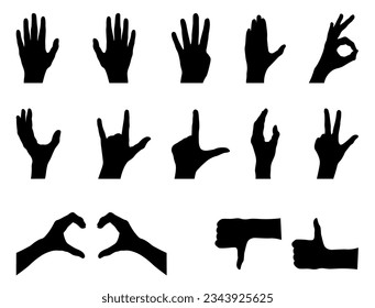 conjunto de siluetas de manos. diferentes poses de silueta de gestos de mano.