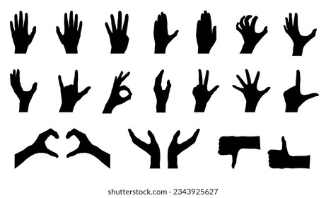 conjunto de siluetas de manos. diferentes poses de silueta de gestos de mano.
