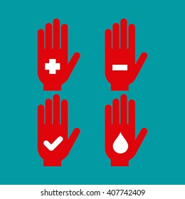 Set of silhouettes of hands with different symbols on a colored background