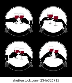 A set of silhouettes of hands with glasses of wine in a flat style.Hands of man and woman clink glasses with red wine. Hands holding a glasses with red wine. Vector illustration