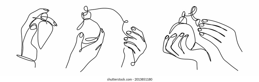 a set of silhouettes of hands with a perfume bottle in a single-line minimalist style. Cosmetics, print on T-shirts, perfume websites, vector illustrations.