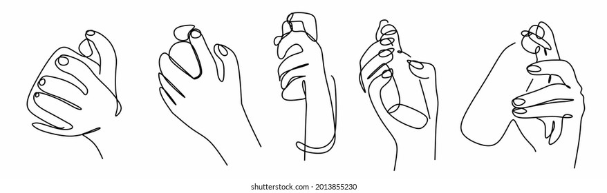 a set of silhouettes of hands with a perfume bottle in a single-line minimalist style. Cosmetics, print on T-shirts, perfume websites, vector illustrations.