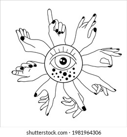 
A set of silhouettes of hands in the shape of the sun with an eye in the middle. Abstract illustration