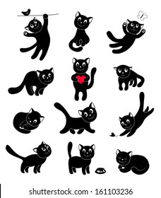 Set of silhouettes happy cats. Vector cartoon illustration.