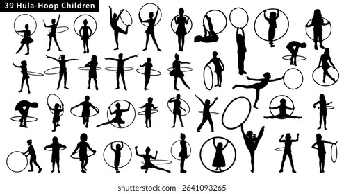 Set of Silhouettes of Happy Children Playing Hula-Hoop as a Fun Sports Activity