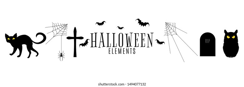 Set of silhouettes for Happy Halloween. Cat and owl with yellow eyes, bats and a spider on the web. Holiday terrible collection. Vector illustration