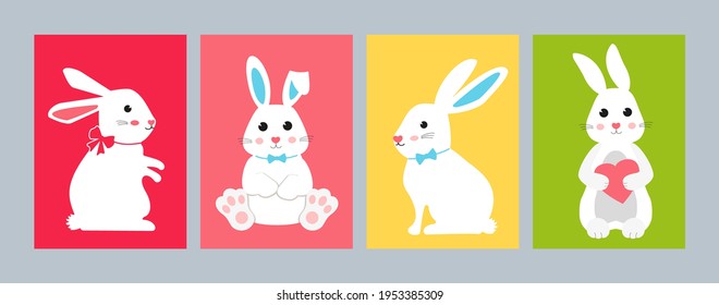 A set of silhouettes with hares for creativity. White rabbits with bows on a bright background. To decorate the nursery or create icons.