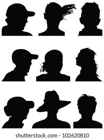 Set of silhouettes of heads 3, vector