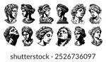 Set of silhouettes of heads of Greek gods and goddesses. Ancient statues. Greek antique sculptures, marble head. Vector for printing on T-shirts, posters, postcards, tattoos, covers, clothes, logo