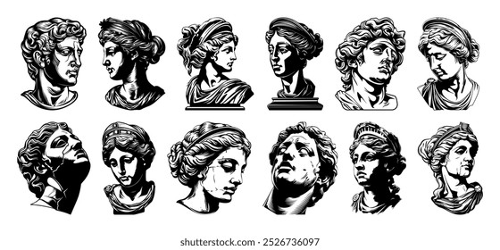 Set of silhouettes of heads of Greek gods and goddesses. Ancient statues. Greek antique sculptures, marble head. Vector for printing on T-shirts, posters, postcards, tattoos, covers, clothes, logo