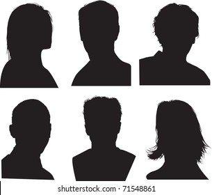 set of silhouettes of heads, highly detailed in black