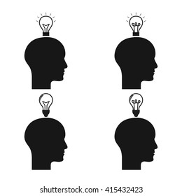 Set of silhouettes of heads with lightbulbs and different icons