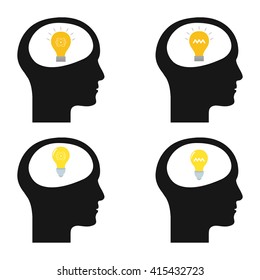 Set of silhouettes of heads with lightbulbs and different icons