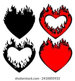 Set of silhouettes of heart frames with flames in flat style isolated on white. T shirt design. Vector illustration