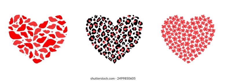 Set of silhouettes of hearts with leopard print ornament, flowers.  Symbol of love in abstract form. Vector graphics.