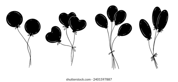Set of silhouettes of heart-shaped balloons. Decor for Valentine's Day. Vector graphics.