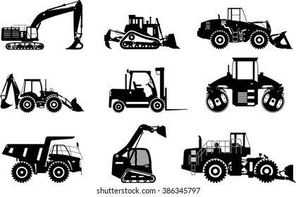 Set of silhouettes heavy construction and mining machines isolated on white background. Vector illustration