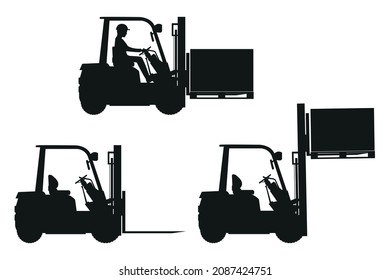 Set of silhouettes of heavy forklift machinery that perform different functions.