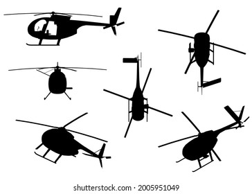 Set with silhouettes of a helicopter in different positions isolated on a white background. Vector illustration