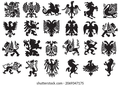 Set of silhouettes with heraldic motifs in black.