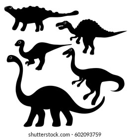 A set of silhouettes of herbivorous and predatory dinosaurs. Vector illustration on white background for design