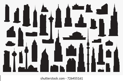 Set of silhouettes of high-rise buildings skyscrapers urban infrastructure