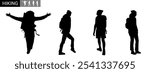 Set of silhouettes of hikers on the mountain. Mountains, peaks, exploring, adventure. Vector black and white illustration.