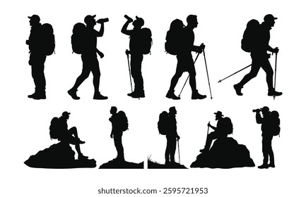 Set of silhouettes of hiking and adventurers vector illustration, backpack and walking stick, black and white, monochrome design, minimalist design, isolated on a white background