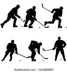 Set of silhouettes of hockey player. Isolated on white