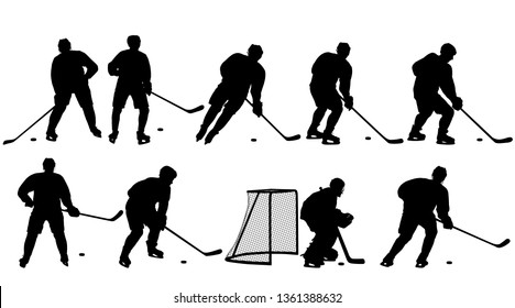 Set of silhouettes of hockey player Isolated on white