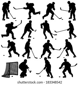 Set of silhouettes of hockey player. Isolated on white. illustrations.