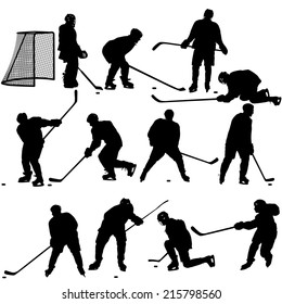 Set of silhouettes of hockey player. Isolated on white. illustrations.