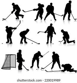 Set of silhouettes of hockey player. Isolated on white. illustrations.