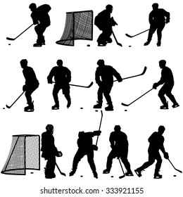 Set of silhouettes of hockey player. Isolated on white. Vector  illustrations.