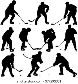 Set of silhouettes of hockey player. Isolated on white. Vector illustrations.