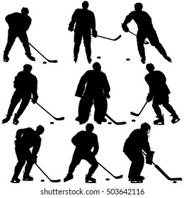 Set of silhouettes hockey player. Isolated on white. Vector illustrations.