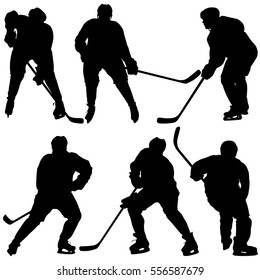 Set of silhouettes hockey player. Isolated on white. Vector illustrations.