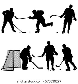 Set of silhouettes hockey player. Isolated on white. Vector illustrations.