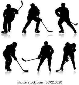 Set of silhouettes hockey player. Isolated on white. Vector illustrations