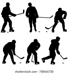 Set of silhouettes hockey player. Isolated on white.