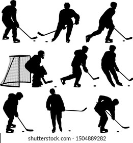 Set of silhouettes of hockey player on white background