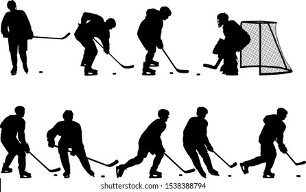 Set of silhouettes of hockey player on white background