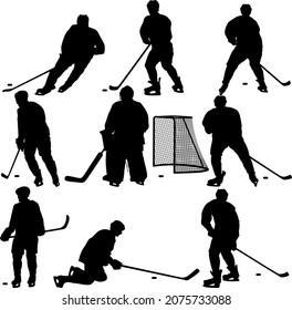 Set of silhouettes of hockey player on white background.