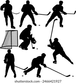 Set of silhouettes of hockey player on white background.