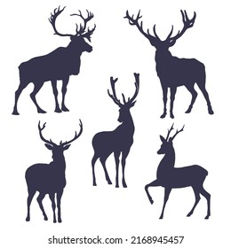 Set of silhouettes of horned wild deer (5 pieces)
